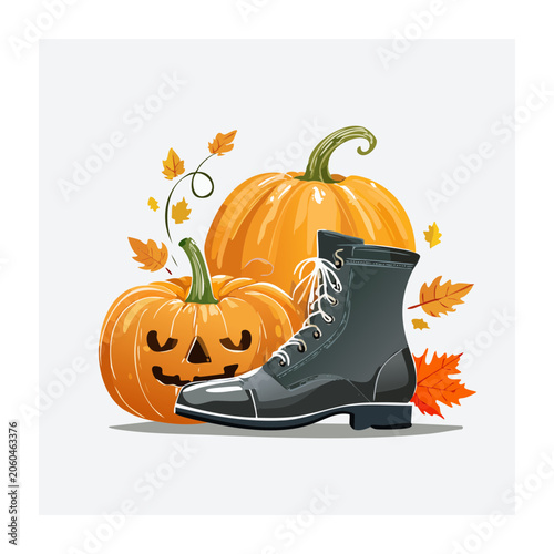 Halloween pumpkin and boot with autumn leaves illustration