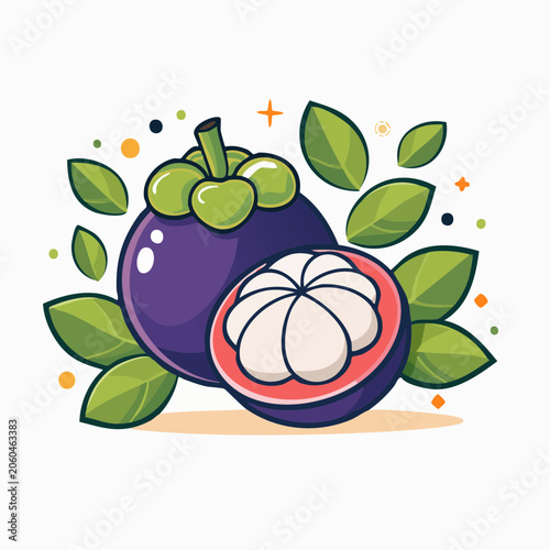 Illustration of a Whole and Halved Mangosteen Fruit with Leaves