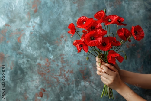 Beautiful woman hands holding a bouquet of red poppy flowers background as a symbol of both remembrance and hope for a peaceful future with copy space hands closeup