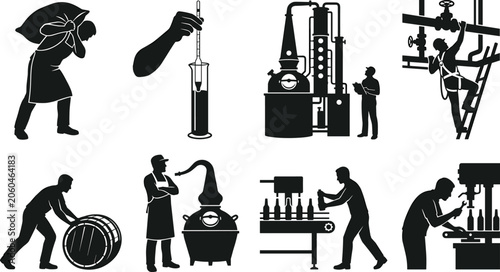 Fotografía Industrial brewery and distillery production icons showing workers, machinery, b