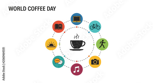 Coffee Cup Icon with Surrounding Symbols.