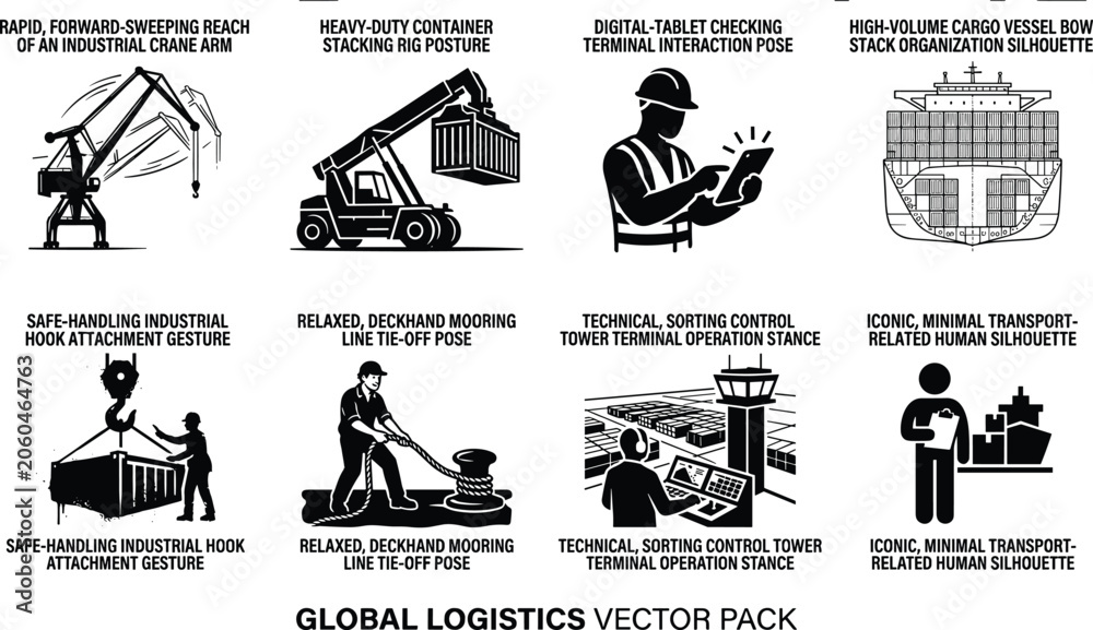 Fototapeta premium Vector Silhouettes of Global Logistics, Shipping Equipment, and Port Operations with Industrial Workers and Cargo Transport
