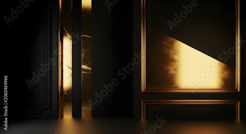 Abstract dark room with glowing gold light beams isolated on transparent background