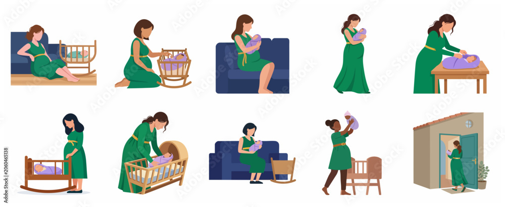 © Ericc - Motherhood and Pregnancy Flat Illustration Set: Pregnant Women and New Mothers Caring for Newborn Babies in Domestic Scenes