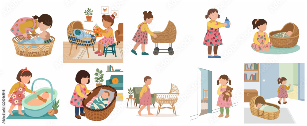 Fototapeta premium Toddler girl taking care of baby sibling vector illustration set in flat design