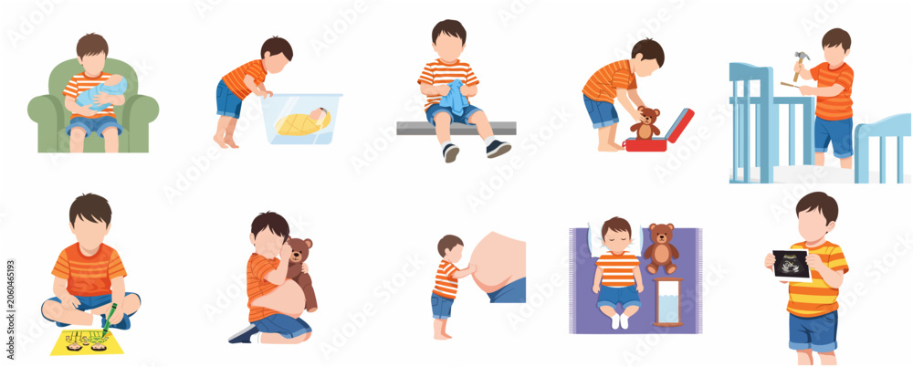 Fototapeta premium Little Boy Preparing for a New Sibling Illustration Set - Big Brother Concept Graphics