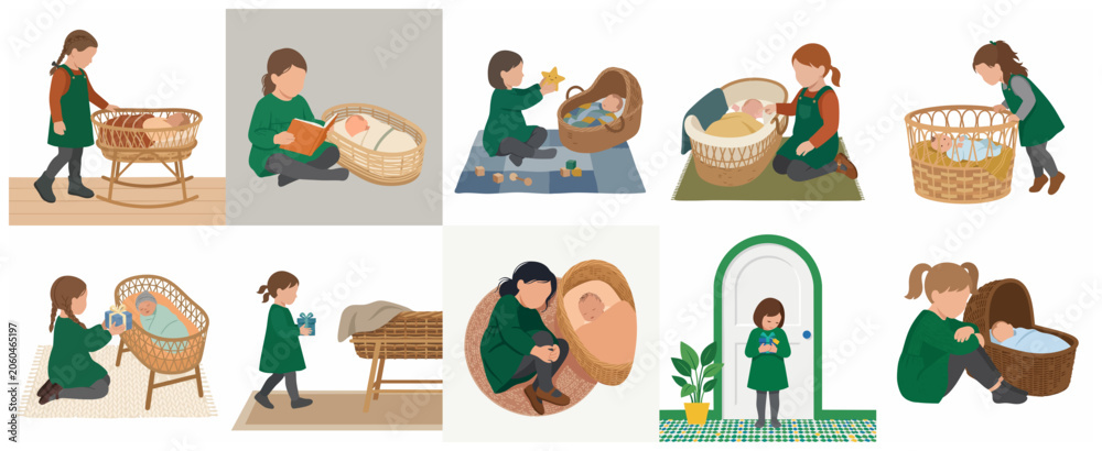 Fototapeta premium Flat vector illustration collection of an older sister caring for her newborn baby sibling in a wicker bassinet