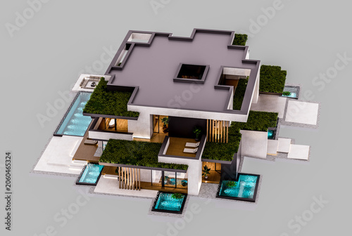 3d rendering of two-story house with parking and pool for sale or rent with concrete facade and beautiful landscaping. In the evening. Isolated on gray