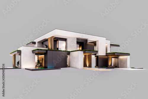 3d rendering of two-story house with parking and pool for sale or rent with concrete facade and beautiful landscaping. In the evening. Isolated on gray
