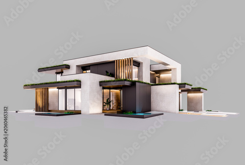3d rendering of two-story house with parking and pool for sale or rent with concrete facade and beautiful landscaping. In the evening. Isolated on gray