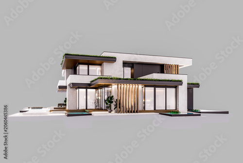 3d rendering of two-story house with parking and pool for sale or rent with concrete facade and beautiful landscaping. In the evening. Isolated on gray