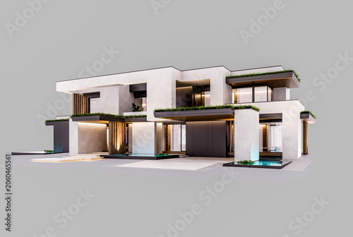 3d rendering of two-story house with parking and pool for sale or rent with concrete facade and beautiful landscaping. In the evening. Isolated on gray