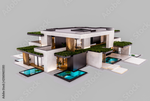 3d rendering of two-story house with parking and pool for sale or rent with concrete facade and beautiful landscaping. In the evening. Isolated on gray