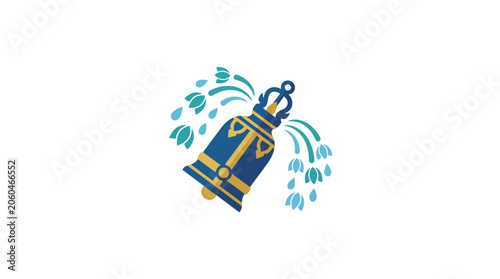Minimalist flat design 2D icon of a ceremonial elephant bell symbolizing Songkran Thailand New Year festival with cultural significance and traditional Thai art elements in crisp white outli