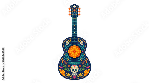 Minimalist flat design 2D icon of a ceremonial Mexican Day of the Dead guitar adorned with traditional sugar skull motifs and floral patterns in vibrant solid colors on a clean white canvas