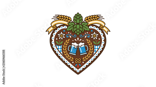 Minimalist flat design 2D icon of a cheerful Oktoberfest beer stein with Bavarian gingerbread heart and pretzel celebrating German festival culture in traditional Munich style for tourism br