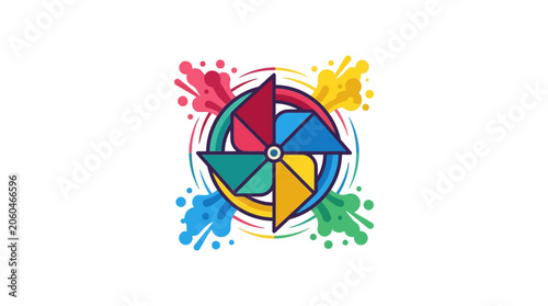 Minimalist flat design 2D icon of a colorful spinning pinwheel celebrating Holi festival joy and vibrant traditions in India