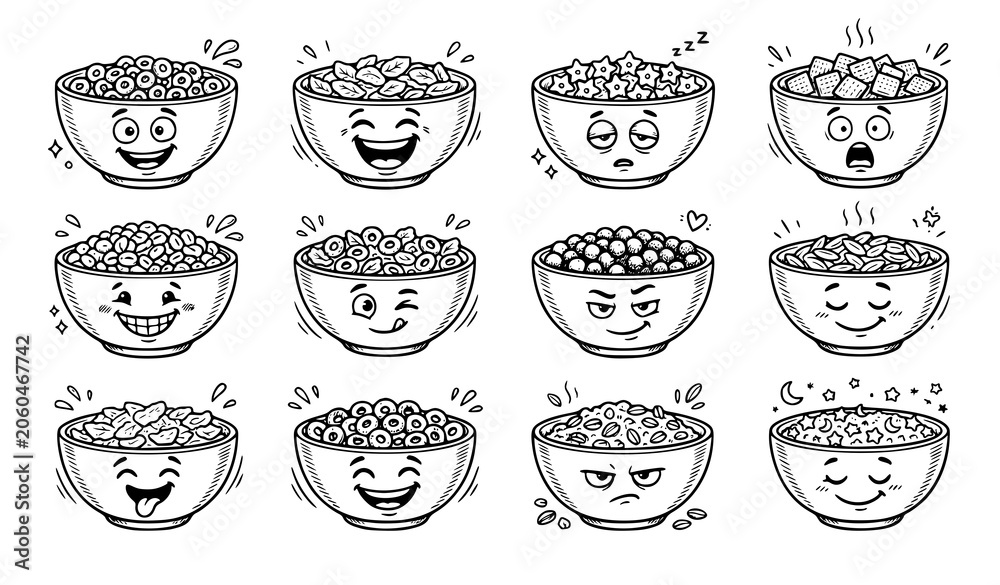 Fototapeta premium Freehand Drawn Black and White Cartoon Cereal Bowl Character Collection Vector Set