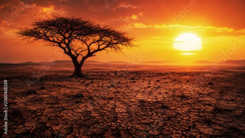 A solitary tree stands against a vibrant sunset, illuminating the cracked earth, evoking themes of resilience and the power of nature.