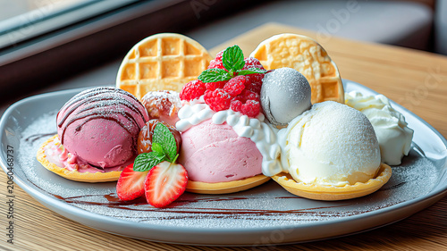 Assorted multi-colored ice cream on an elegant porcelain plate with a floral pattern