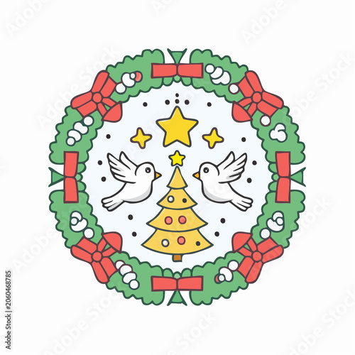 Christmas Wreath with Doves and Christmas Tree