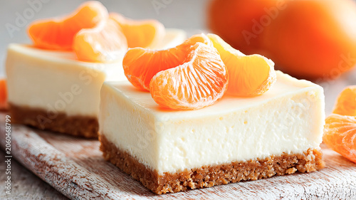 Homemade cheesecake with tangerine slices on a shortbread base, delicate creamy dessert, close-up.