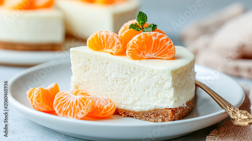 Homemade cheesecake with tangerine slices on a shortbread base, delicate creamy dessert, close-up.