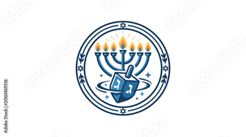Photos Minimalist flat design 2D icon of a dreidel spinning under a glowing Hanukkah me