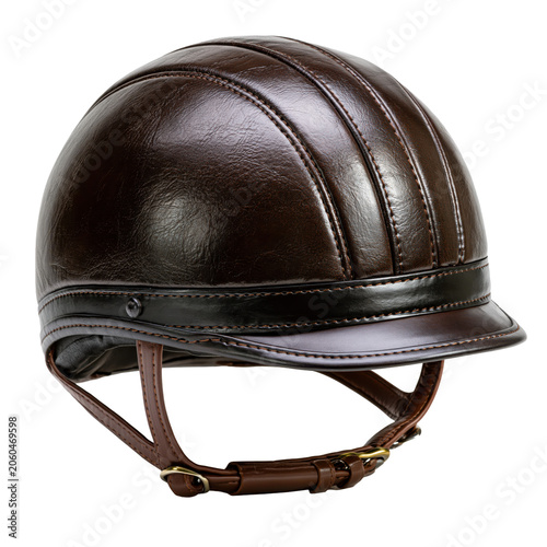 Classic dark brown equestrian riding helmet with elegant suede texture and secure chin strap for horse riders isolated on transparent background