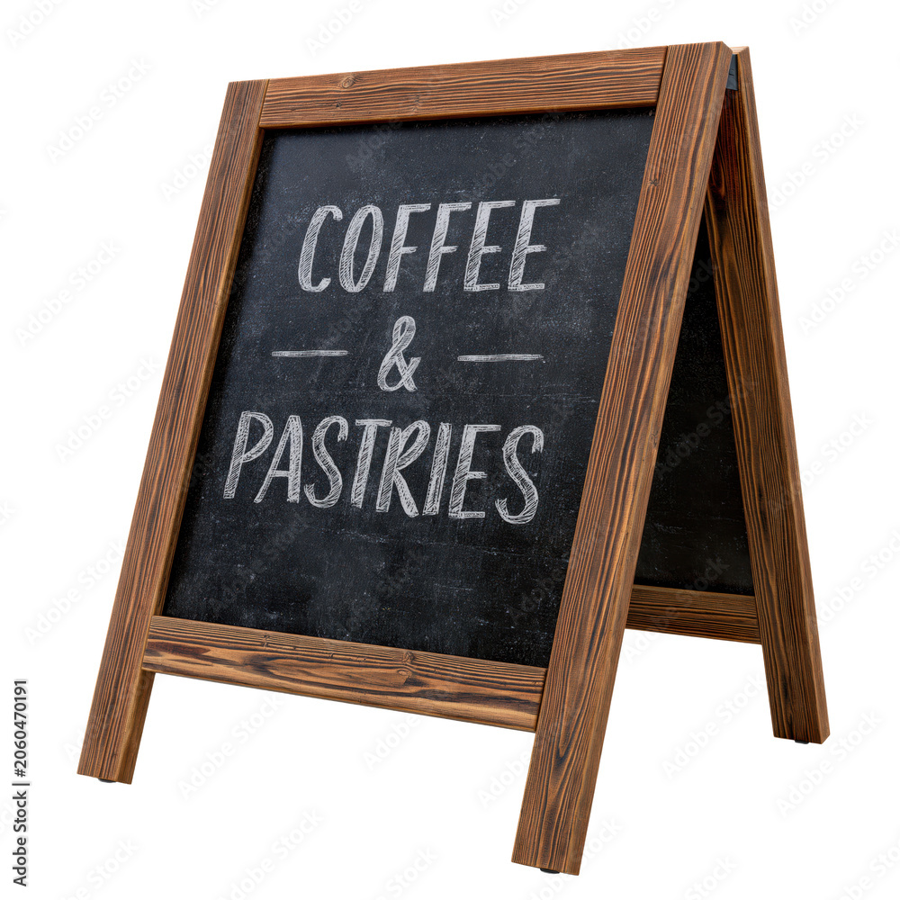 Fototapeta premium Customizable wooden sidewalk sign displaying menu for coffee and bakery items isolated on transparent background.