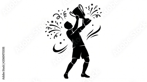 Champion footballer silhouette celebrating victory with a trophy cup and confetti