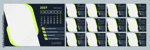 2027 Calendar Template with Photo Space. Minimalist Corporate Business Planner. Sunday Start Monthly A4 Landscape Pages Set. Vector Illustration