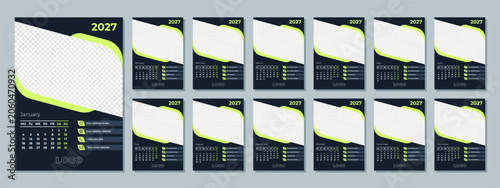 2027 Calendar Template with Photo Space. Minimalist Corporate Business Planner. Monday Start Monthly A4 Pages Set. Vector Illustration