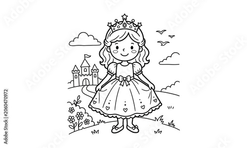 Cute little princess coloring page with beautiful dress, magical castle, fluffy clouds, blooming flowers, flying birds for kids activity books.