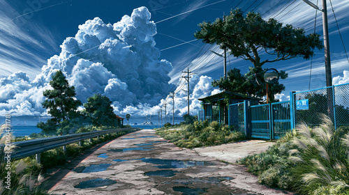 Summer countryside road landscape with dramatic cumulus clouds, copy space