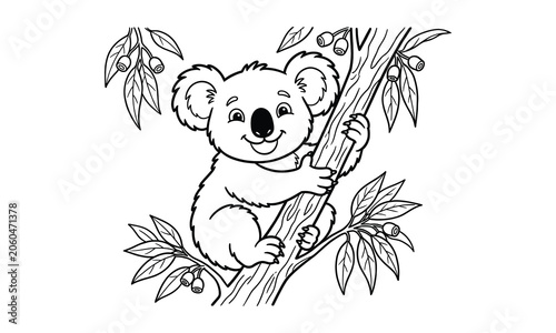 Photography Cute smiling koala bear on eucalyptus tree branch, black and white outline illustration for kids animal coloring book page design