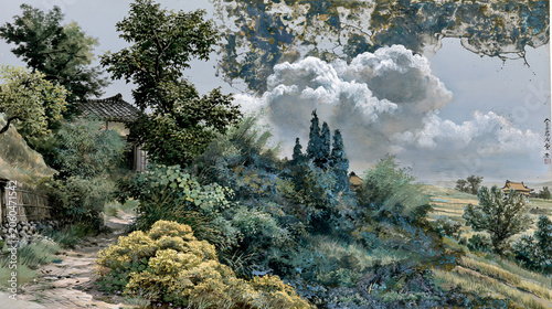 Countryside landscape with mountains and river, natural background with copy space