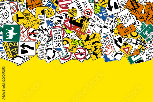 Collage of American traffic and road signs on a solid yellow background with copy space