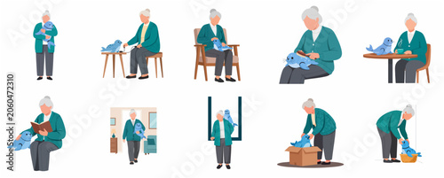 Konstfotografi Senior woman interacting with a therapeutic robotic seal for companionship and e