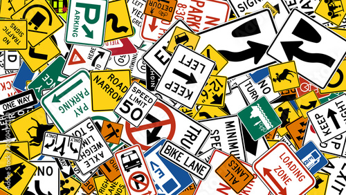 Background collage of various US traffic signs and road safety signals