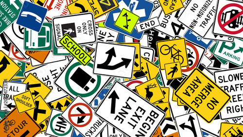 Colorful background collage of american road signs and highway traffic safety signals