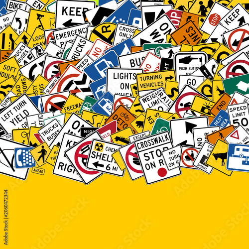 Collage of American traffic signs and road safety signals on yellow background