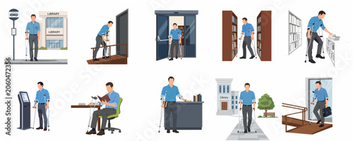 фотографія Accessibility and inclusion set: Man with crutches navigating a library, using ramps, and accessing public services