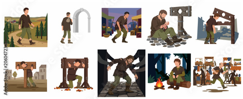 Obraz na płótnie Medieval Peasant Life Illustrations Set Featuring Scenes of Poverty, Punishment