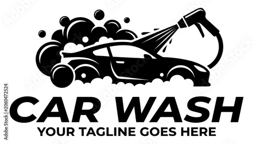 Car wash logo template with auto silhouette water spray and foam