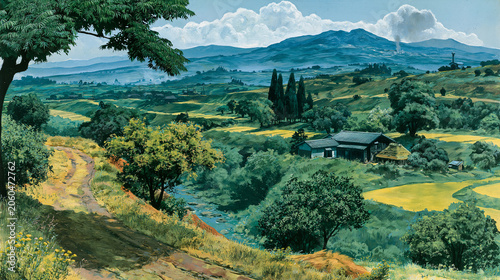 Summer countryside road landscape with dramatic cumulus clouds, copy space