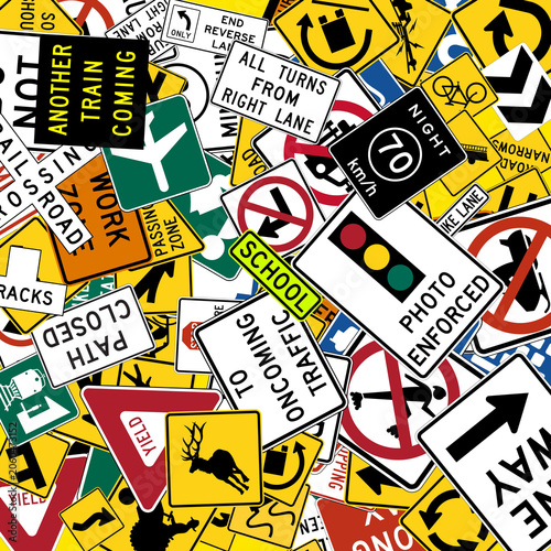 Background of US standard road signs scattered randomly with various shapes ideal as a road education concept or for driving school