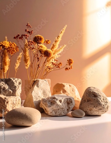 Warm earthy tones, dried flowers, stones