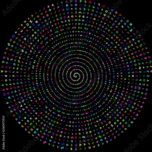 Hypnotic multicolor spiral of random letters and numbers on black background