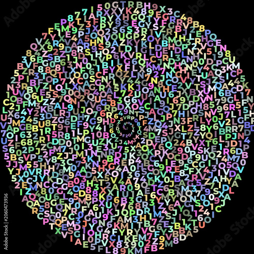 Colorful spiral pattern of random letters and numbers on black background